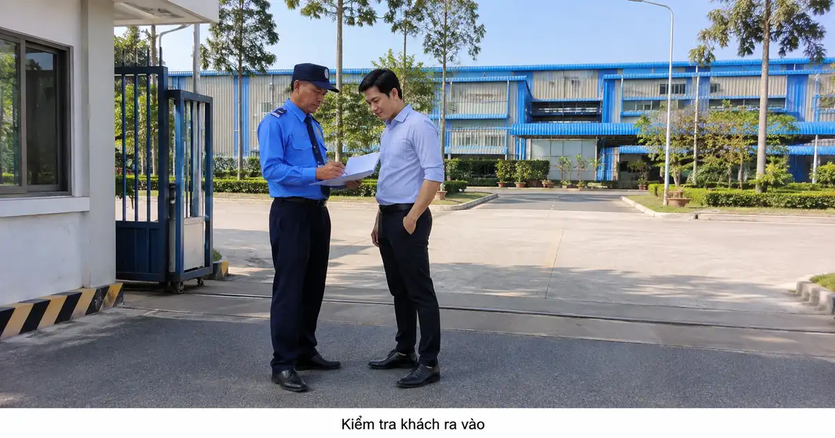 Công ty bảo vệ tại Bến Cát kiểm tra khách ra vào tại cổng mục tiêu