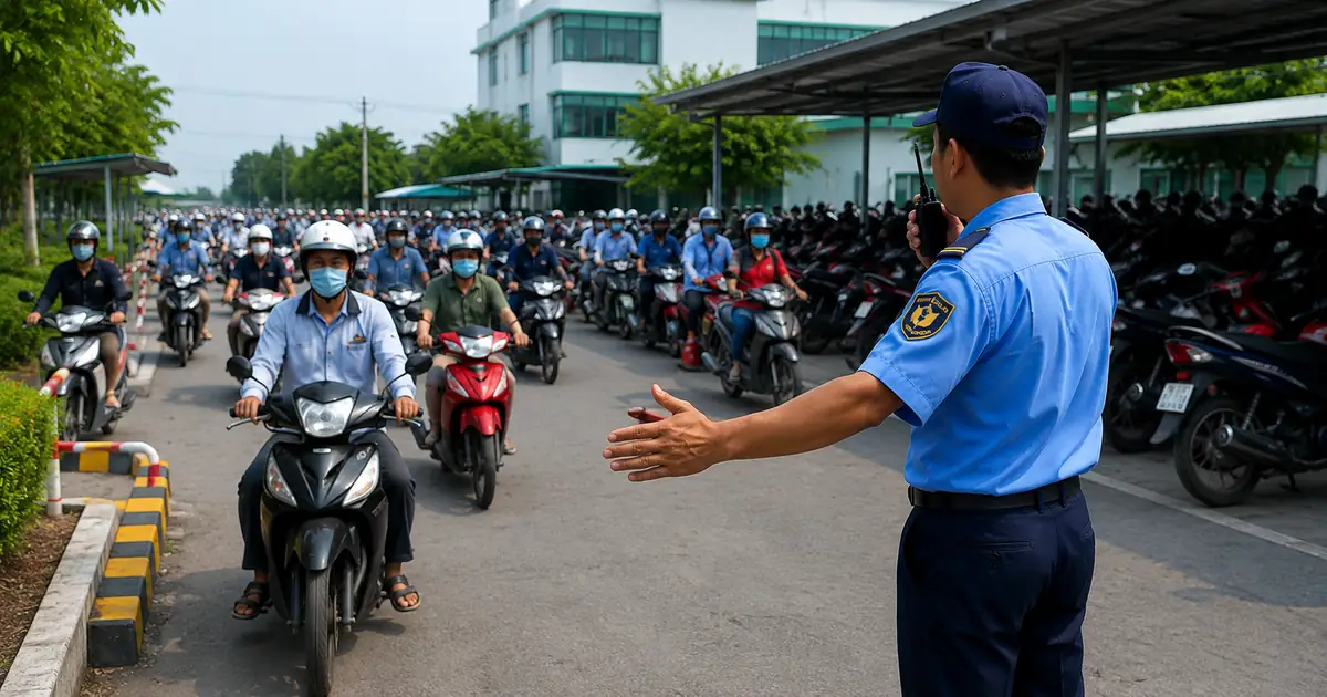 Bãi xe công nhân tại Long An trong thời điểm đổi ca và hướng dẫn luồng xe