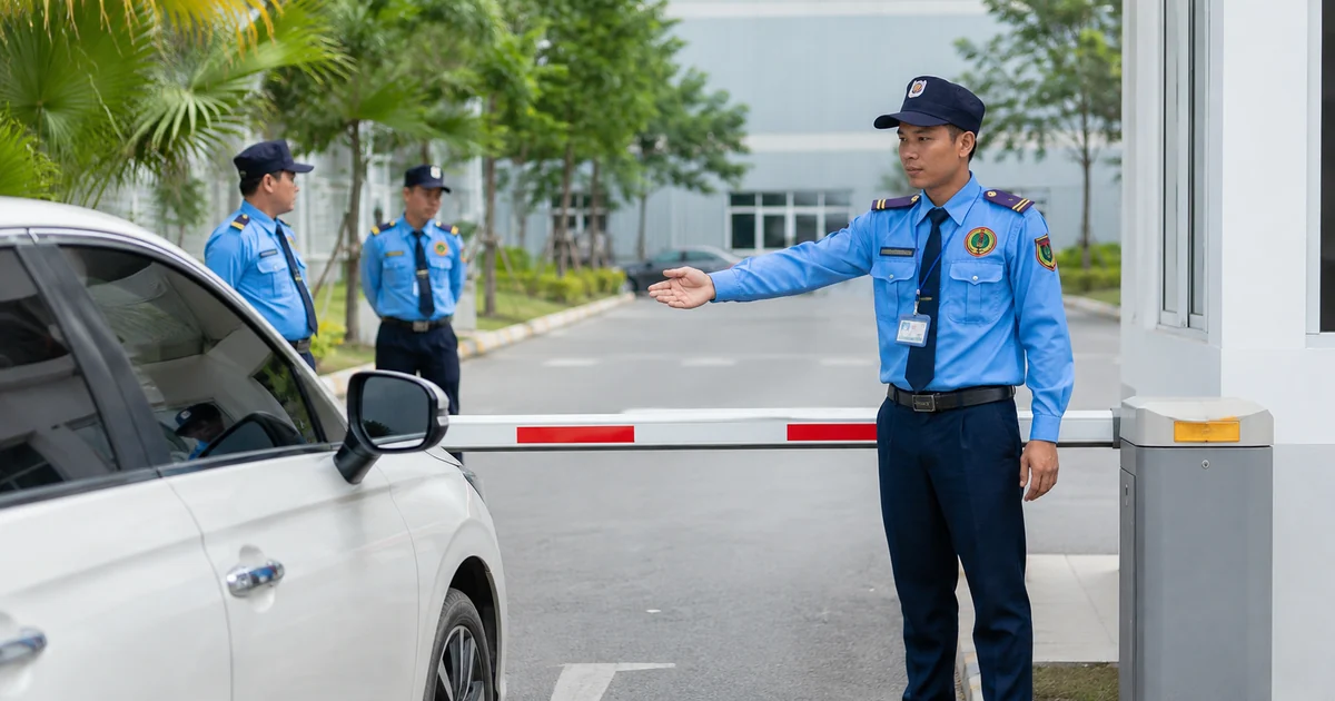 Nhân viên bảo vệ kiểm soát cổng cho doanh nghiệp tại TPHCM