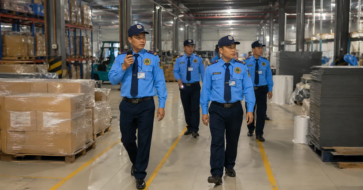 Đội ngũ bảo vệ tuần tra và phối hợp trong khu vực kho xưởng doanh nghiệp