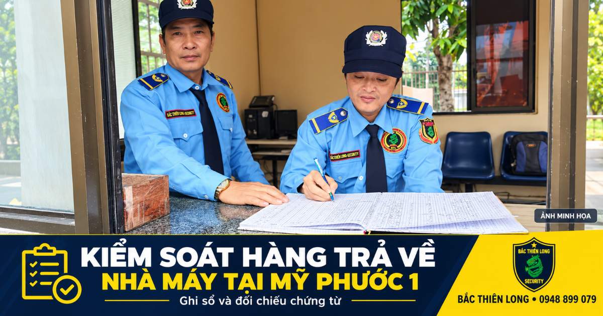 Minh họa nhân viên bảo vệ ghi sổ và đối chiếu chứng từ hàng trả về nhà máy tại Mỹ Phước 1