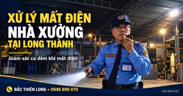 Minh họa nhân viên bảo vệ dùng bộ đàm và đèn pin giám sát nhà xưởng Long Thành khi mất điện.