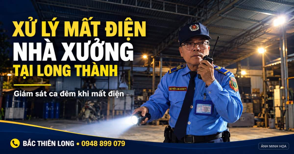 Minh họa nhân viên bảo vệ dùng bộ đàm và đèn pin giám sát nhà xưởng Long Thành khi mất điện