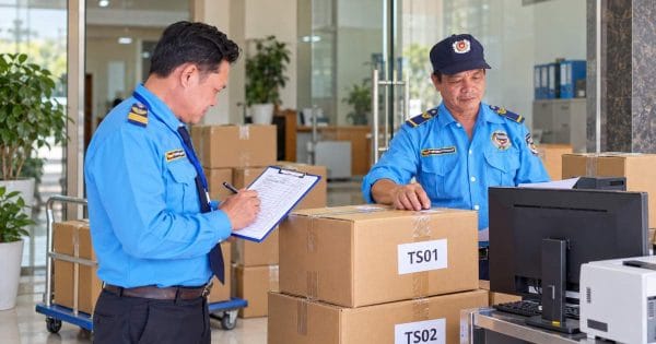 Bảo vệ kiểm tra mã kiện và đối chiếu danh mục tài sản trước khi vận chuyển.