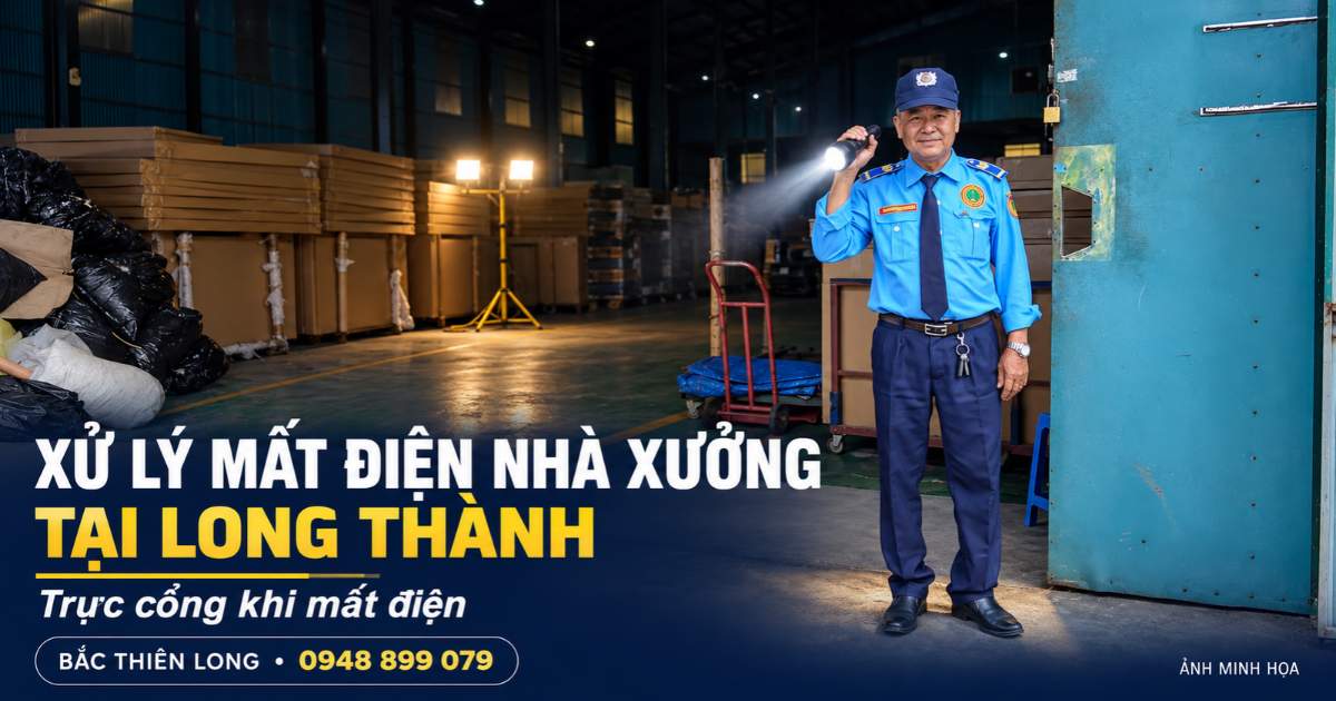 Minh họa bảo vệ Bắc Thiên Long dùng đèn pin trực cổng khi nhà xưởng Long Thành mất điện